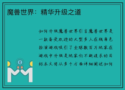 魔兽世界：精华升级之道